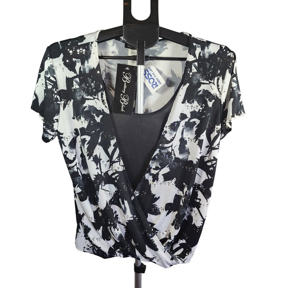 Brittany Black XL Sequin Embellished Short Sleeve Dressy Blouse NWT